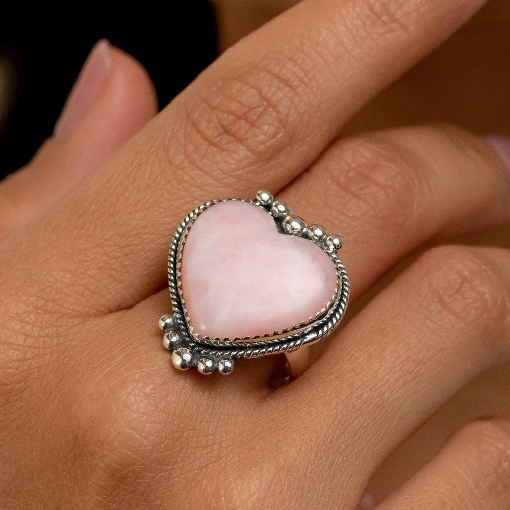 Large sterling silver pink opal heart ring.