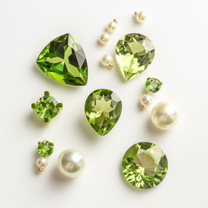 Assorted white saltwater pearls and cut and polished peridot gems.