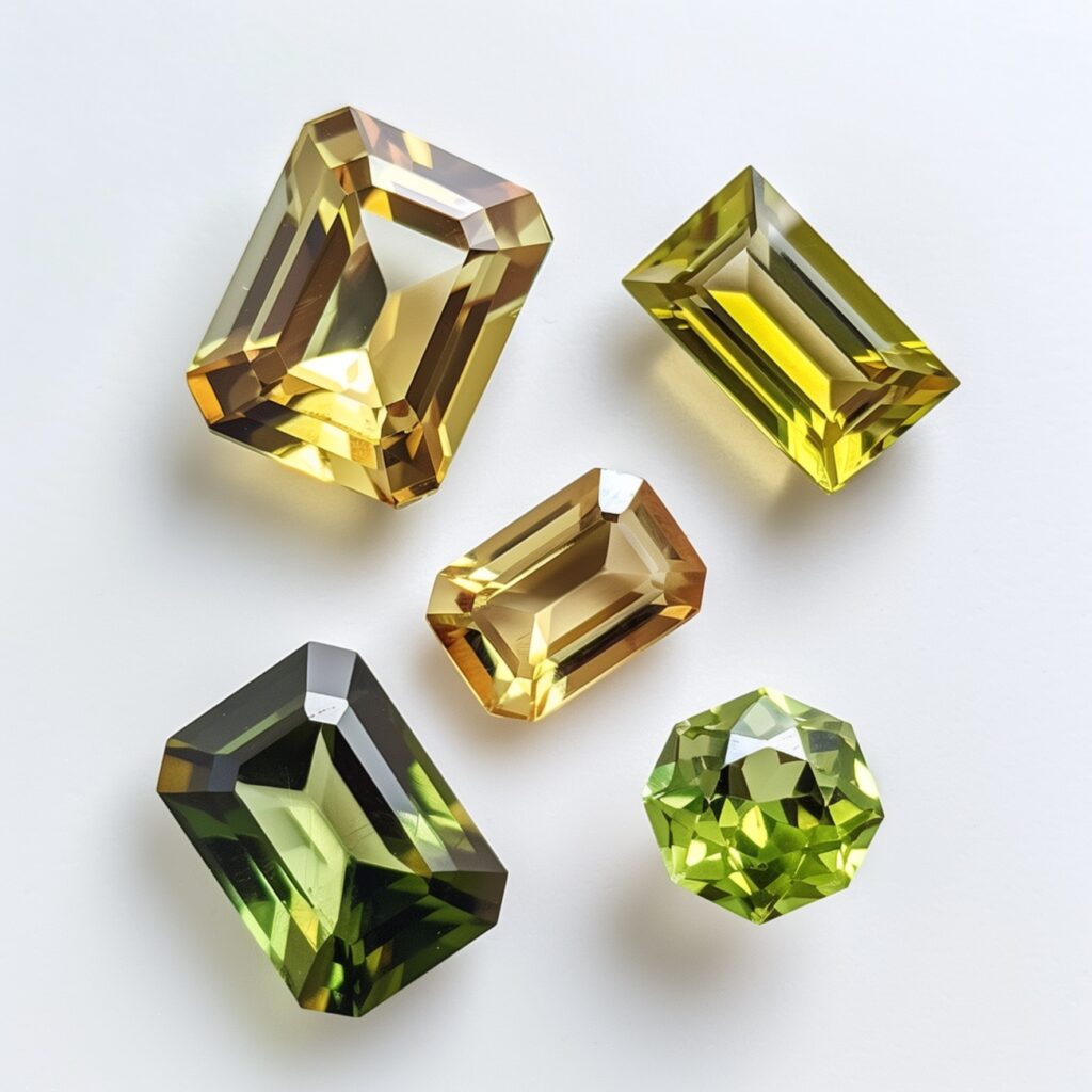 Cut and polished peridots and citrine gems.
