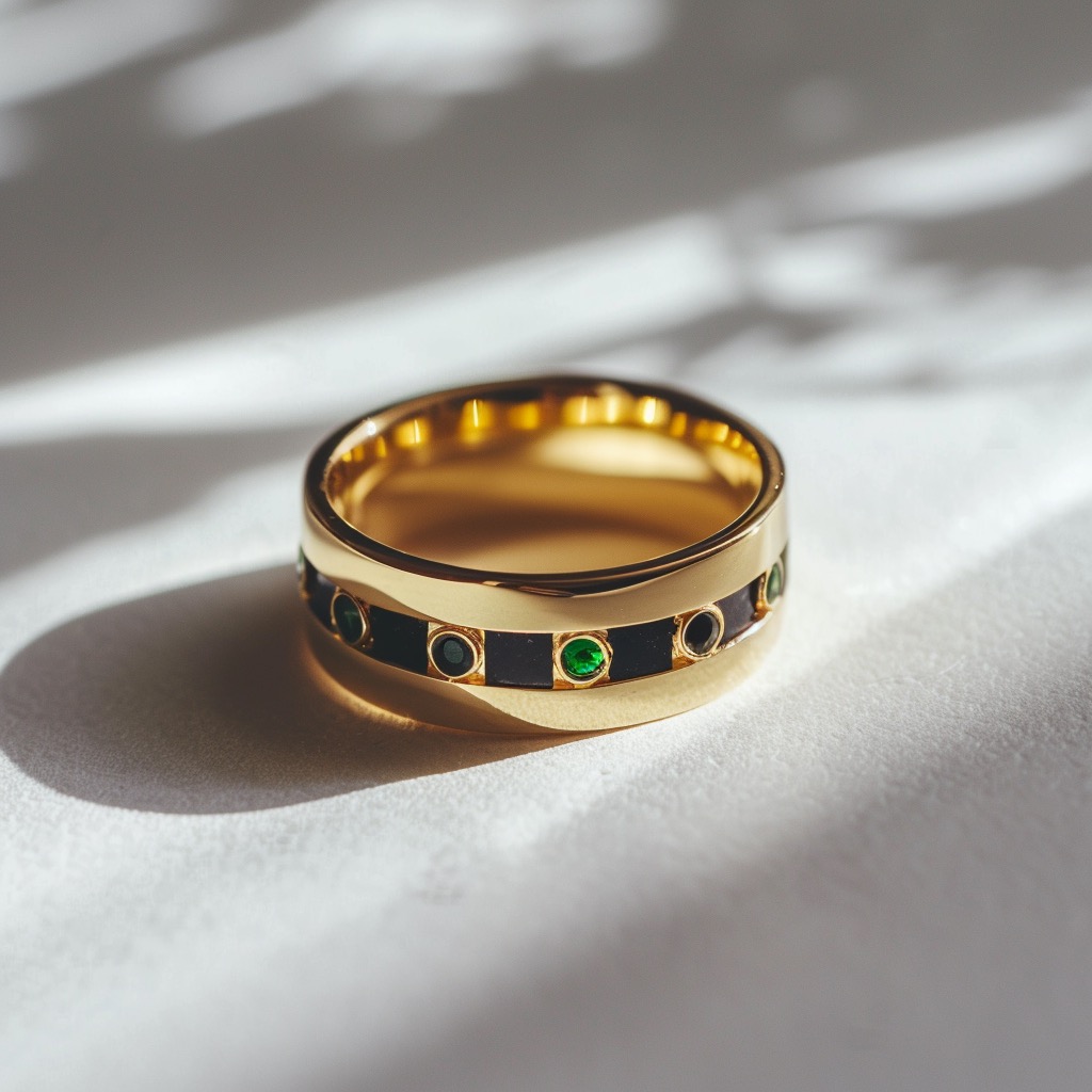 Gold band inlaid with onyx and peridots.
