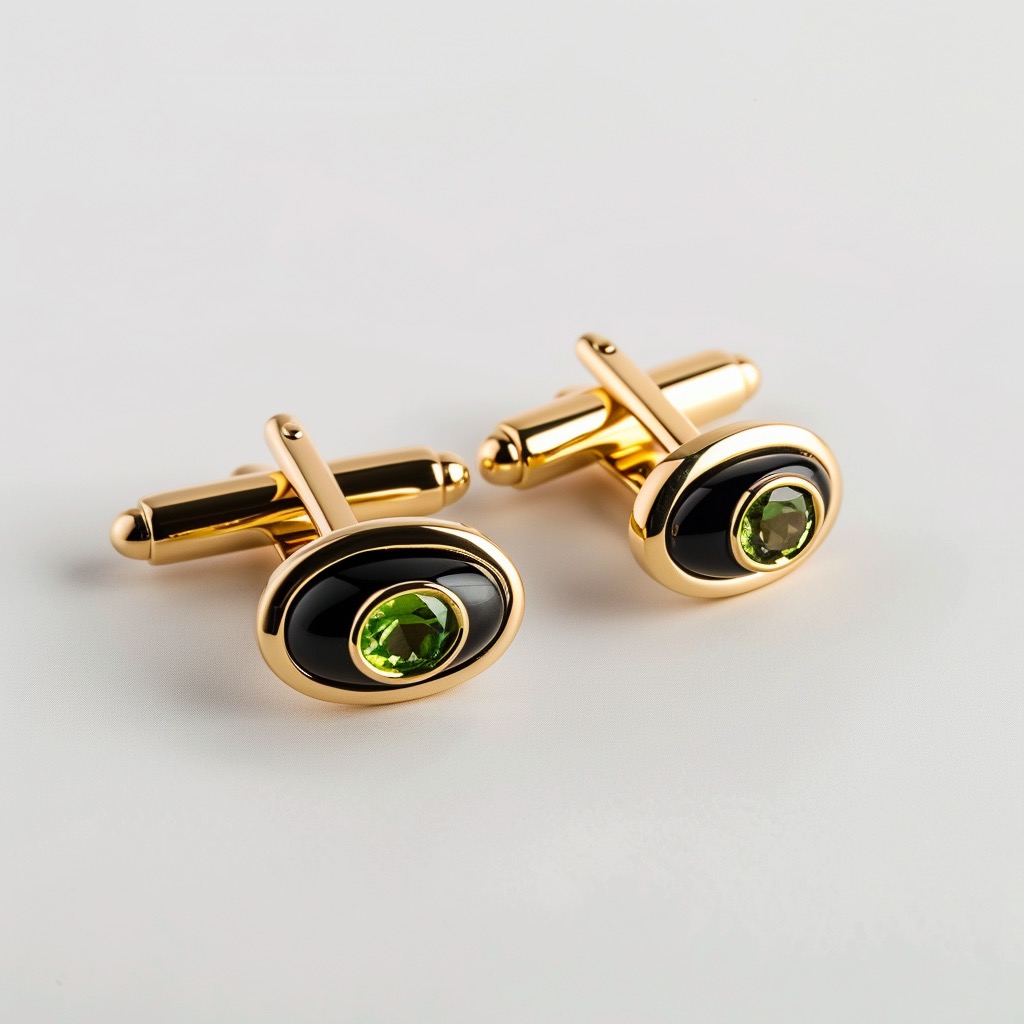 Gold oval cufflinks set with black onyx and peridots.