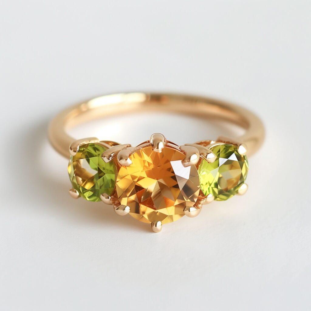 Engagement ring of round citrine between two round peridots on a yellow gold band.