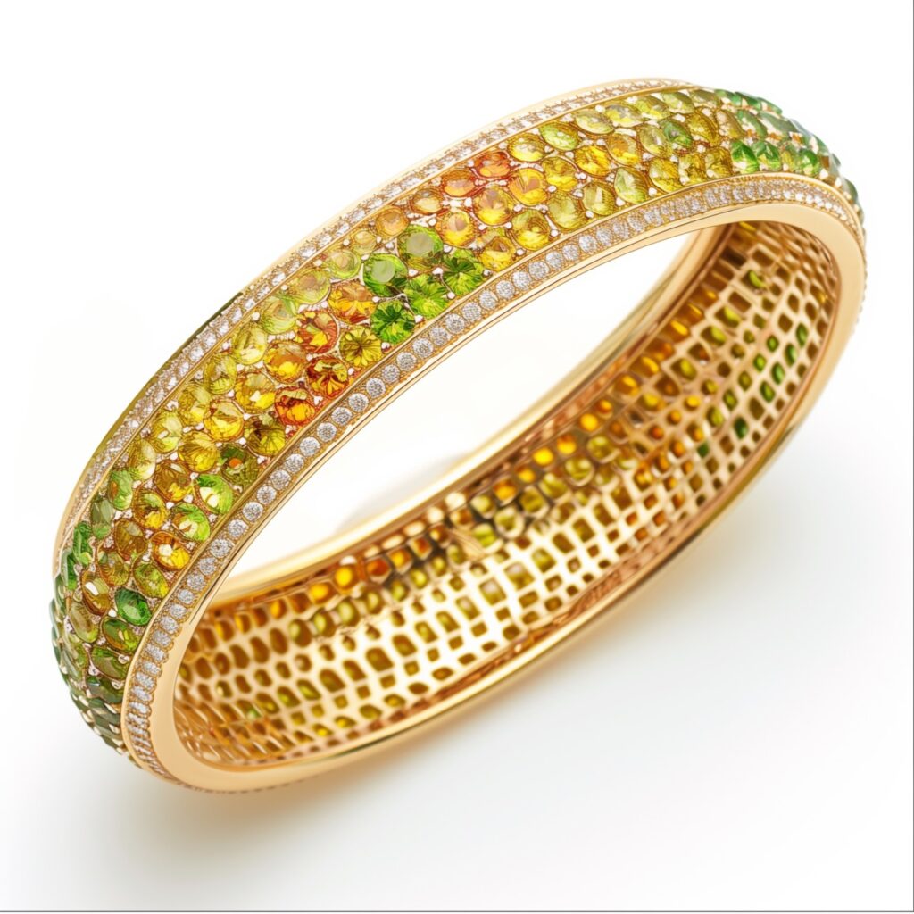 Yellow gold bangle bracelet studded all around with three rows of small round peridot and citrine jewels.