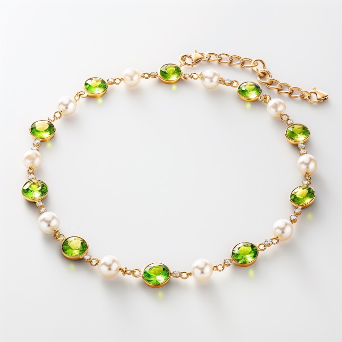 Gold chain bracelet set with alternating peridots and white pearls.