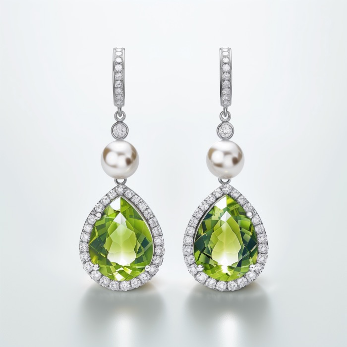 Drop earrings of oval peridots, white pearls and diamonds set in platinum.
