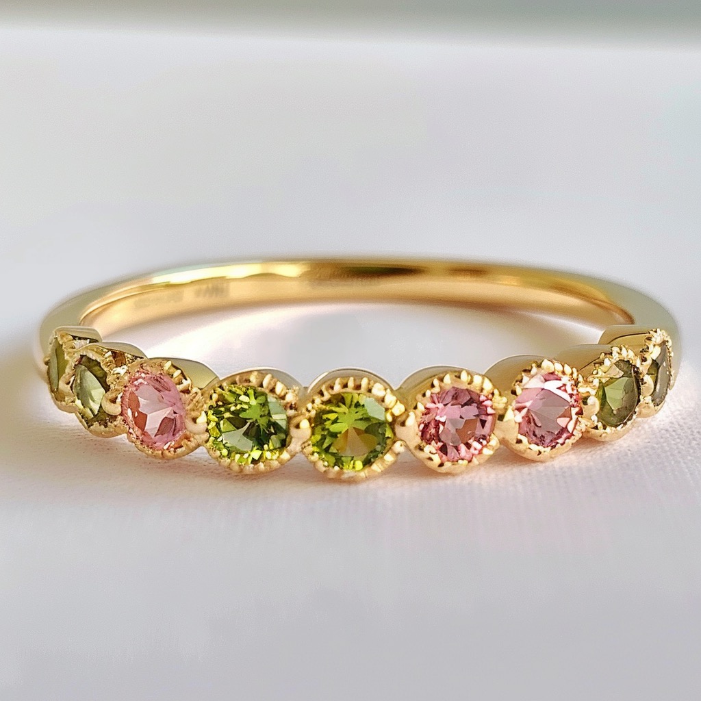 Yellow gold band with pink tourmalines and peridots in feminine setting.