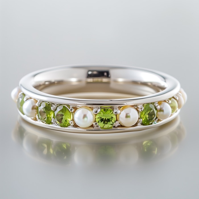 White gold band set with prominent white pearls and peridot gems.