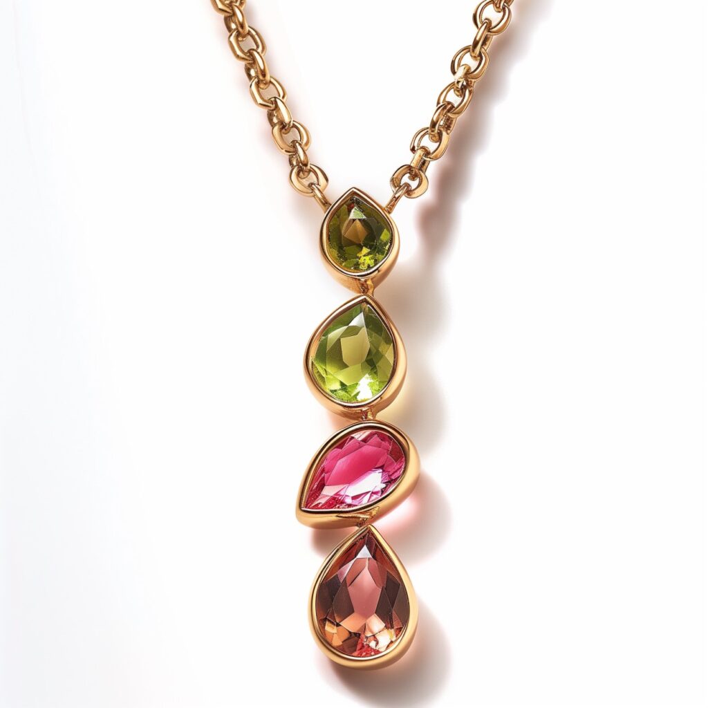 Pink tourmaline and peridot pendant on rose gold necklace.