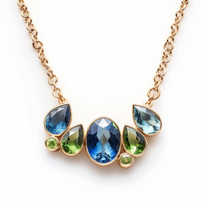 Blue tourmaline and peridot pendant necklace in gold chain.