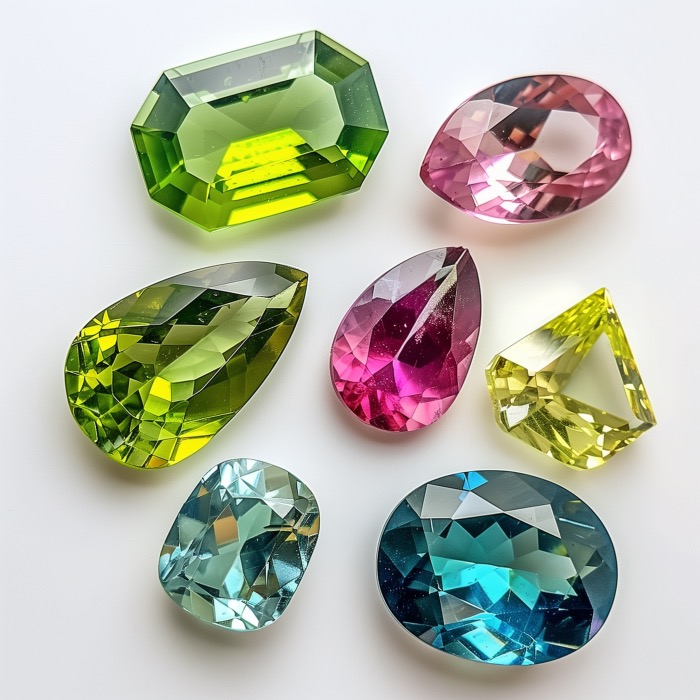 Cut and polished peridots and tourmalines of different colors.