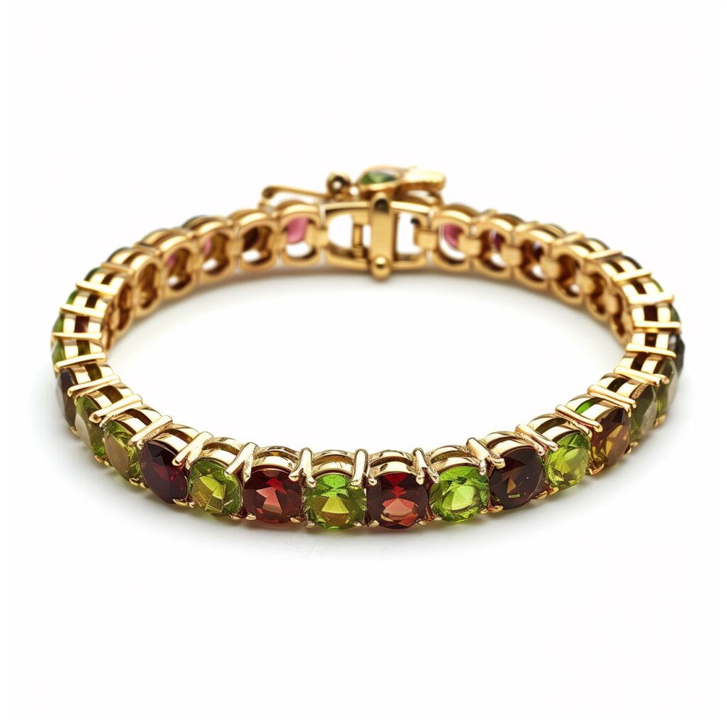 Garnet and peridot tennis bracelet set in gold.