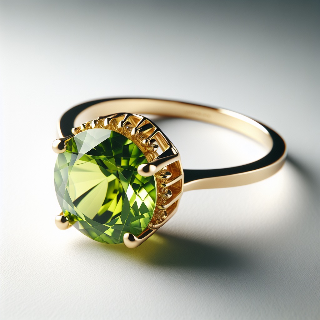 Yellow gold ring set with large round peridot solitaire.