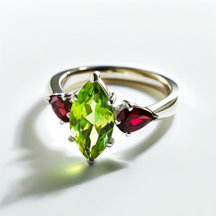 Gold ring set with marquise cut peridot between two garnet baguettes.