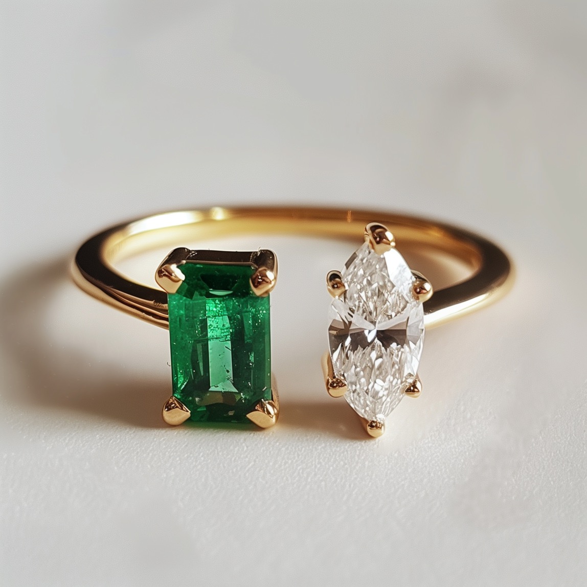 Taurus birthstone emerald cut emerald and marquise white diamond open ring in yellow gold makes a special gift.