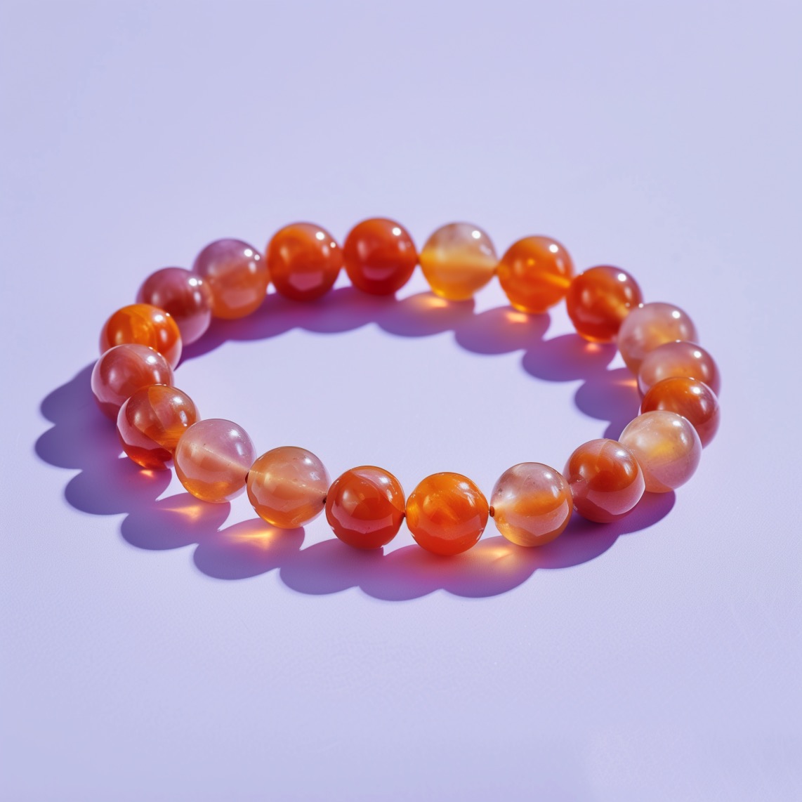 Carnelian bead bracelet on a purple background in bright sunlight, a versatile piece made with the Leo star sign birthstone.