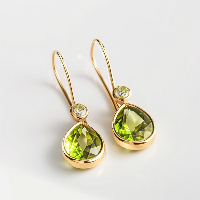 Peridot and diamond drop earrings set in yellow gold beautifully showcase the primary Leo star sign birthstone.