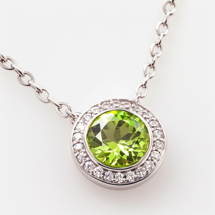 A stunning and elegant example of peridot jewelry is showcased in this close up photo of a beautiful brilliant round peridot pendant encircled by white diamonds set in white gold on a white gold chain.