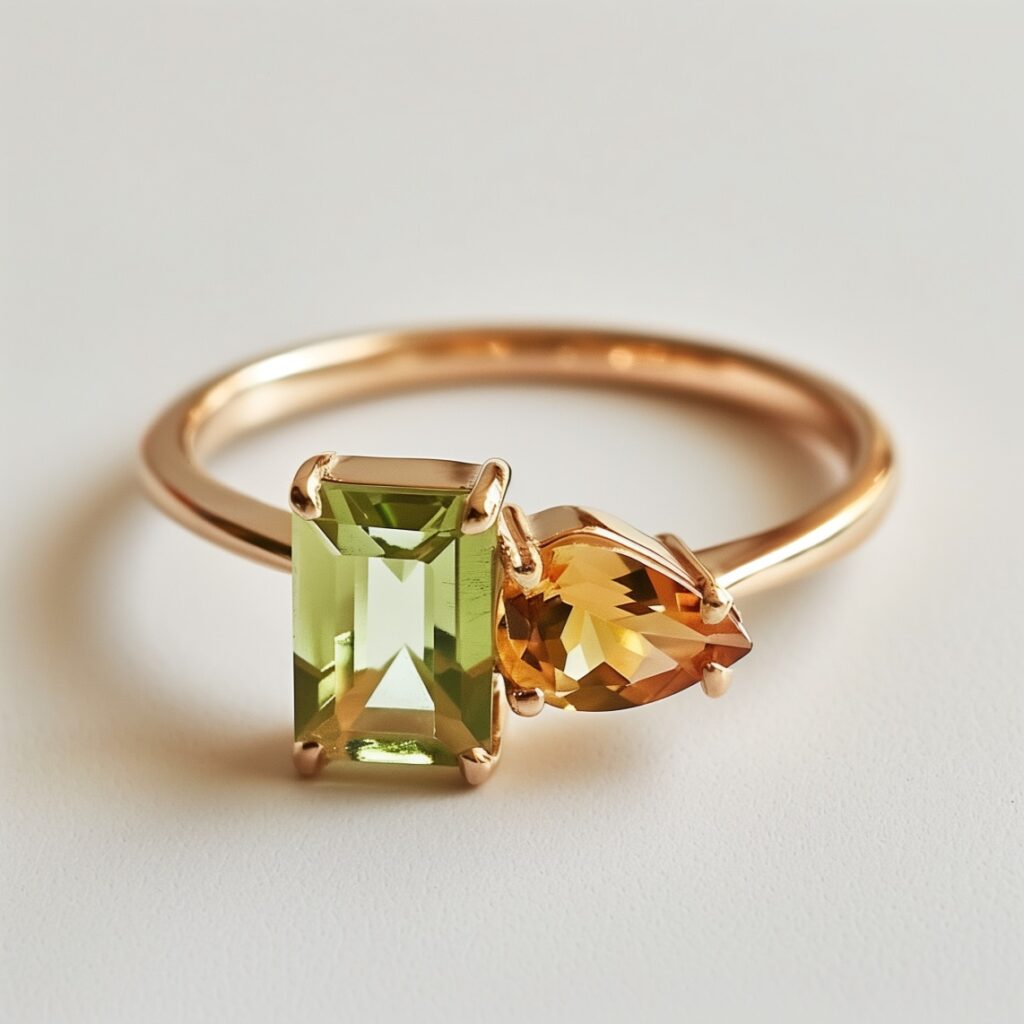 Emerald cut peridot beside a pear shaped citrine gem, set in yellow gold, make for an elegant and modern  cocktail ring.