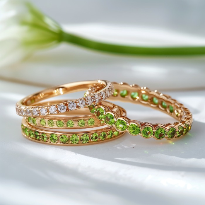 Assorted rose gold stacking ring bands set with peridots and diamonds.