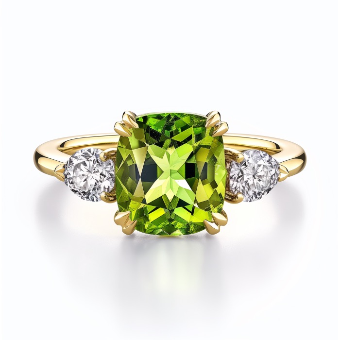 Large cushion cut peridot & diamond three stone engagement ring for a Leo, August birthday, or lover of peridot jewelry.