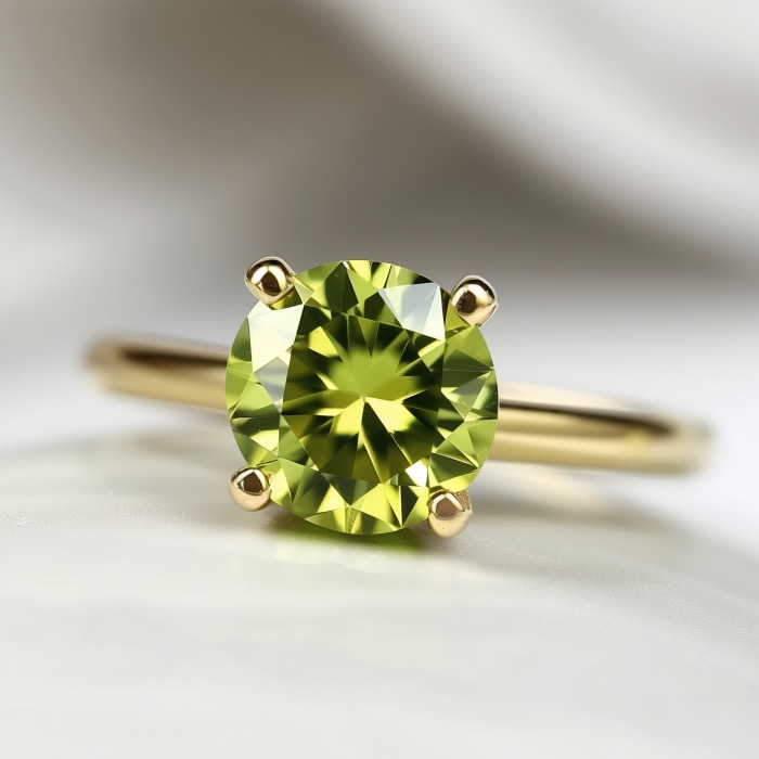 A gold engagement ring with a brilliant round cut peridot solitaire is a classic example of peridot jewelry.