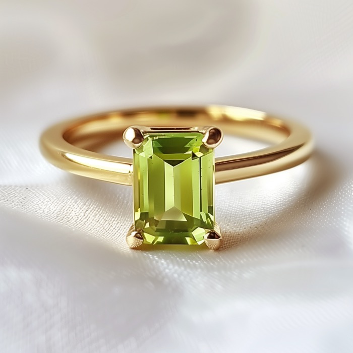 A gold ring with an emerald cut peridot solitaire is an elegant example of peridot jewelry.