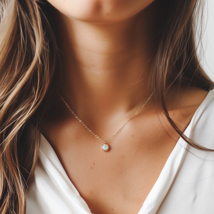 Delicate opal solitaire pendant on a yellow gold chain.