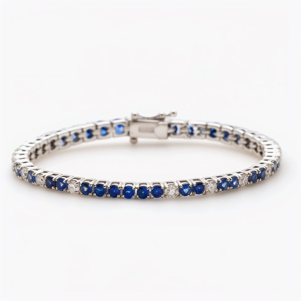 Sapphire and diamond tennis bracelet set in platinum.