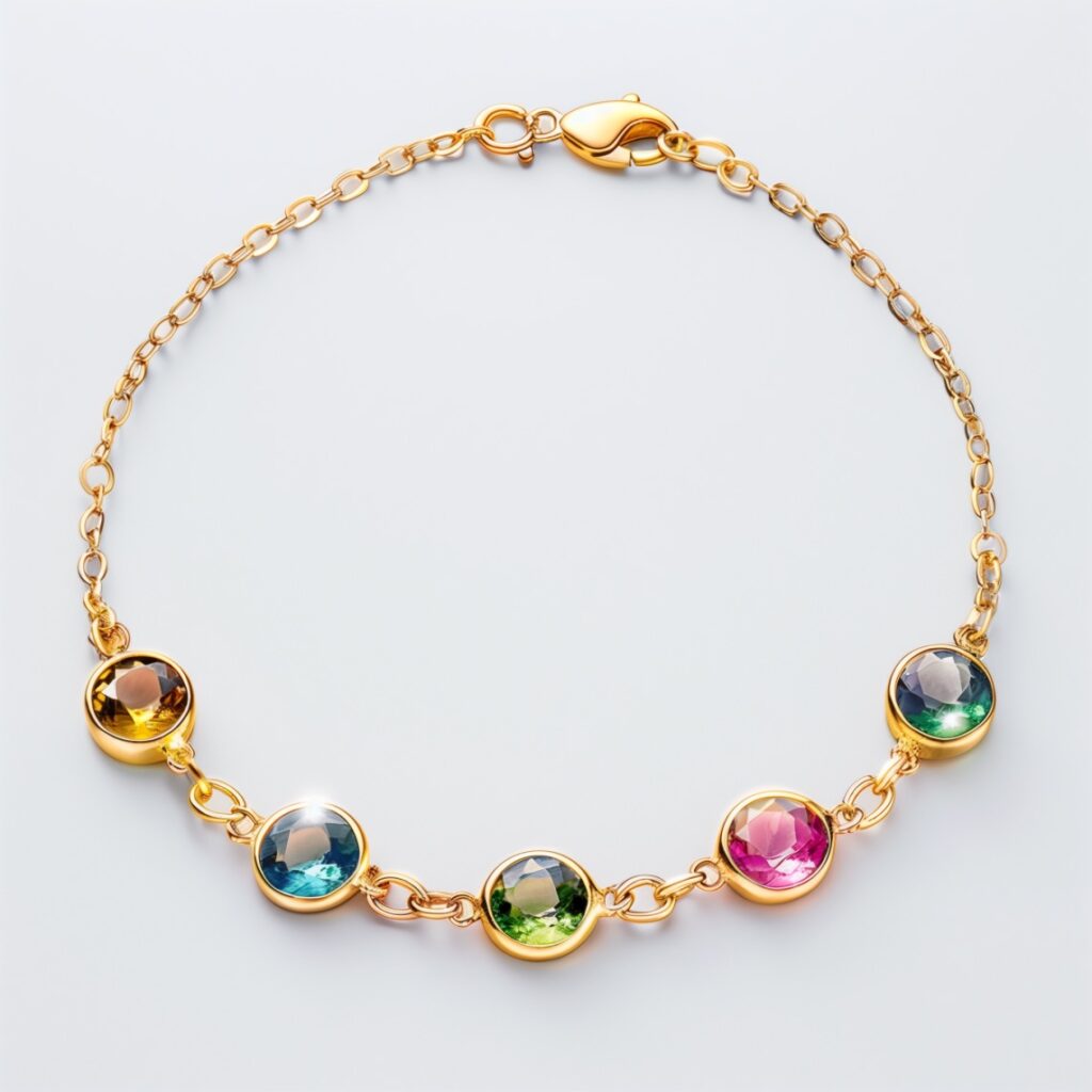 Delicate gold bracelet set with multiple color tourmalines. Ideal for your favorite Libra.