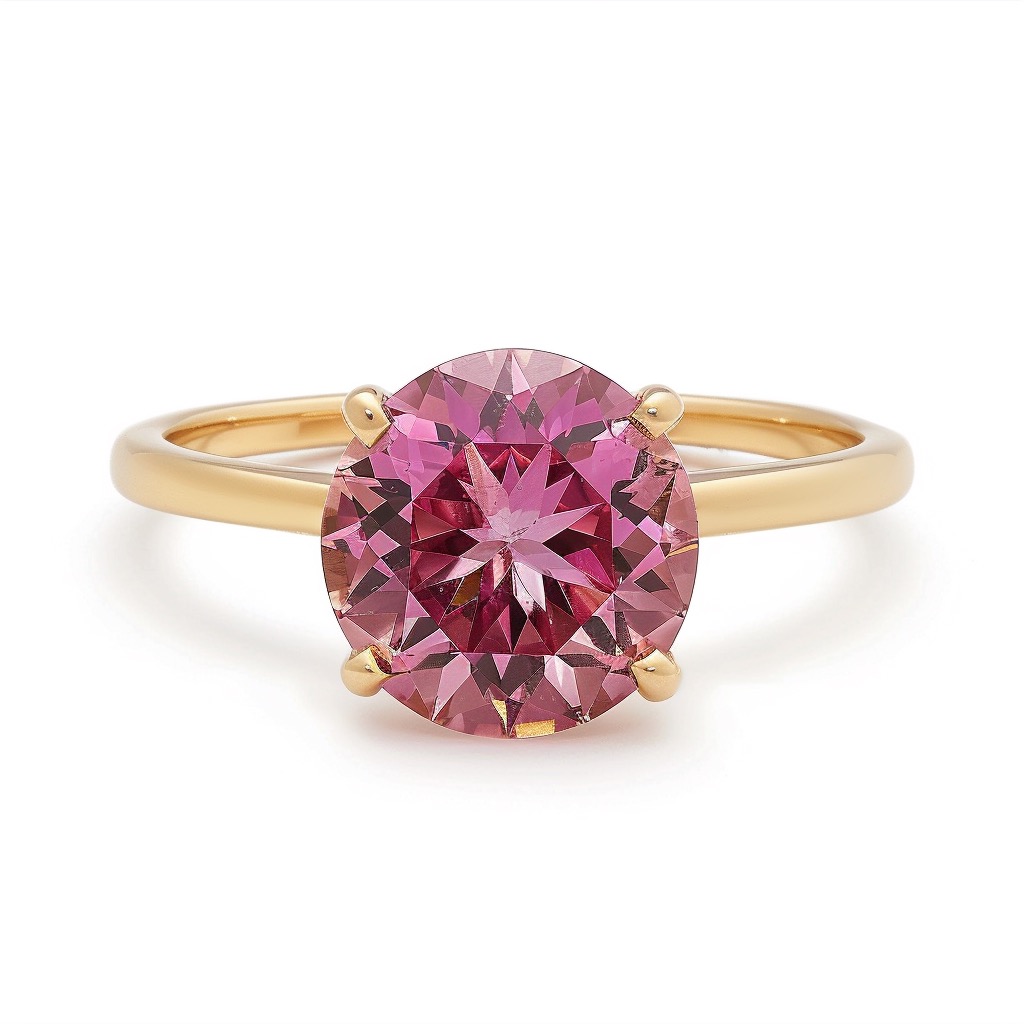 Large brilliant round pink tourmaline solitaire ring set in yellow gold.