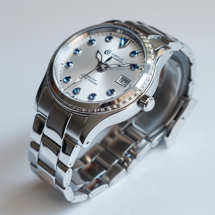 Stainless steel watch with silver face and sapphire accents.