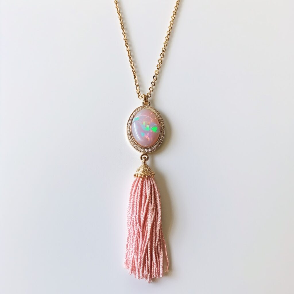 Tassel necklace featuring a large pink opal pendant on a long gold chain and tassel below made of baby opals.