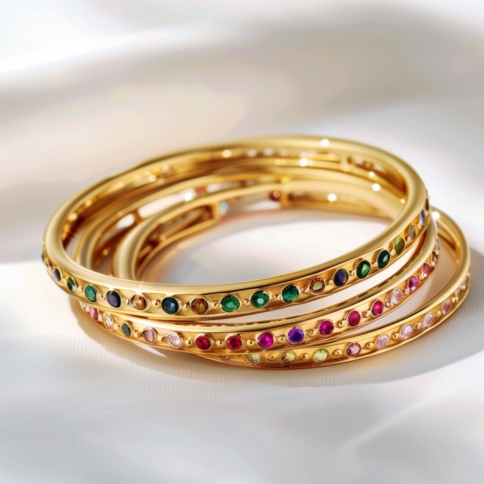 Multi-color tourmalines set in gold stackable bangle bracelets.