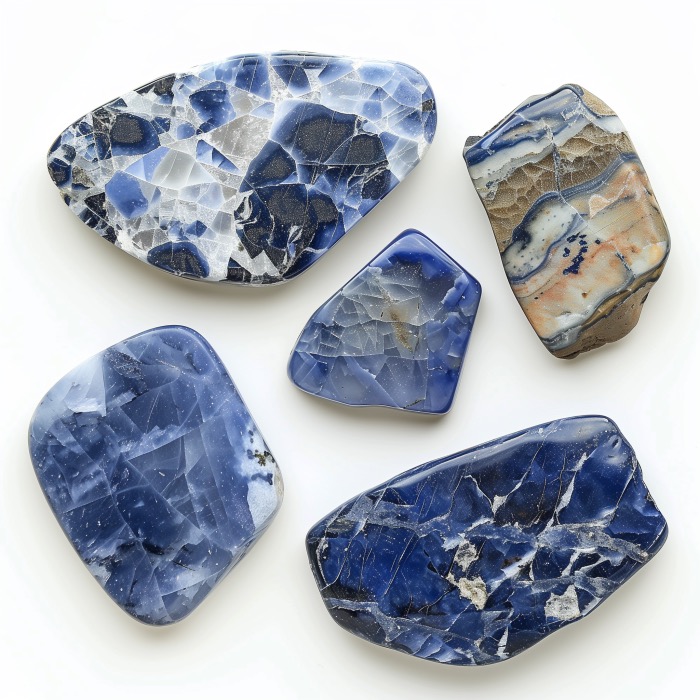 Five pieces of sodalite crystal with blue, white and red colors.