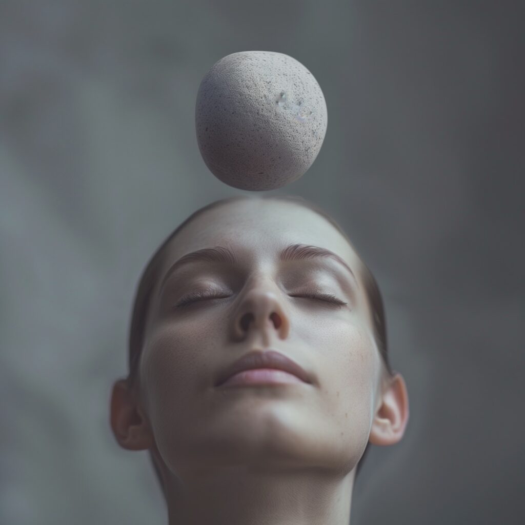 Photo of woman balancing stone above her head in monochromatic photo embodying emotional balance and calm.