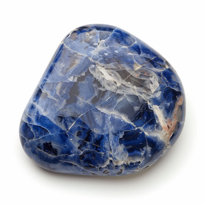 Blue and white polished sodalite pocket stone with reddish accent.