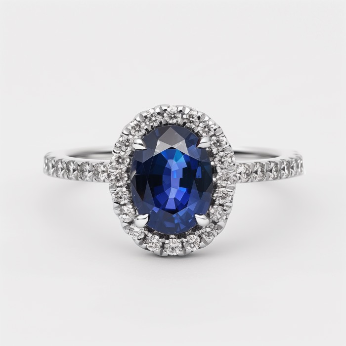 Oval Sapphire with Diamond Halo Engagement Ring or Taurus Birthstone Gift