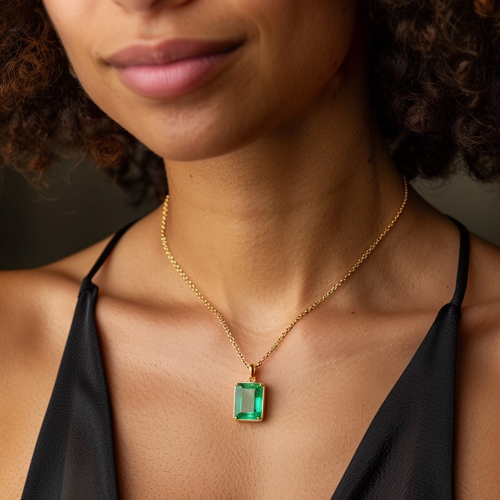 Emerald cut emerald solitaire pendant on yellow gold necklace.