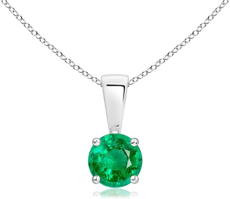 Round Emerald Solitaire Necklace on Sterling Silver Chain