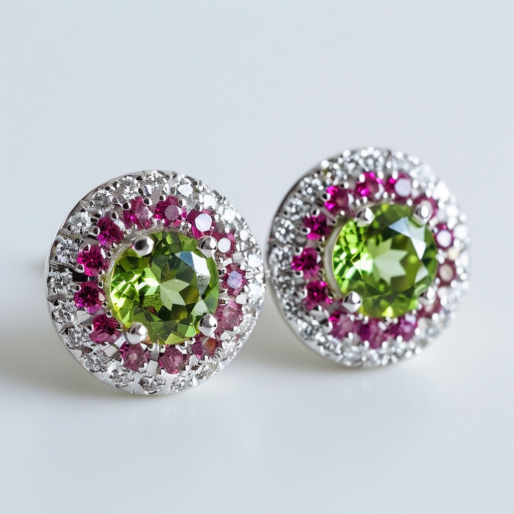 Pink tourmaline, peridot and diamond stud earrings set in white gold.