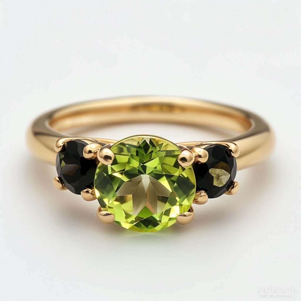 Engagement ring of round peridot solitaire between two round onyx gems on a yellow gold band.