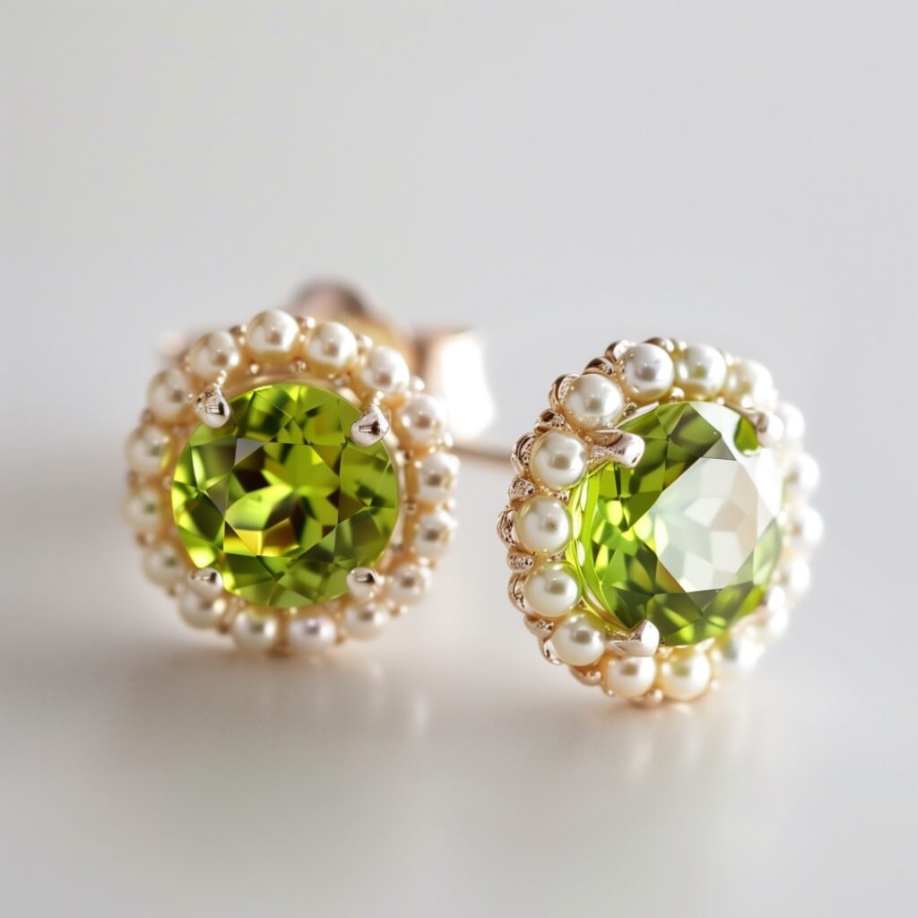 Stud earrings of large round peridots encircled by small white pearls set in yellow gold.