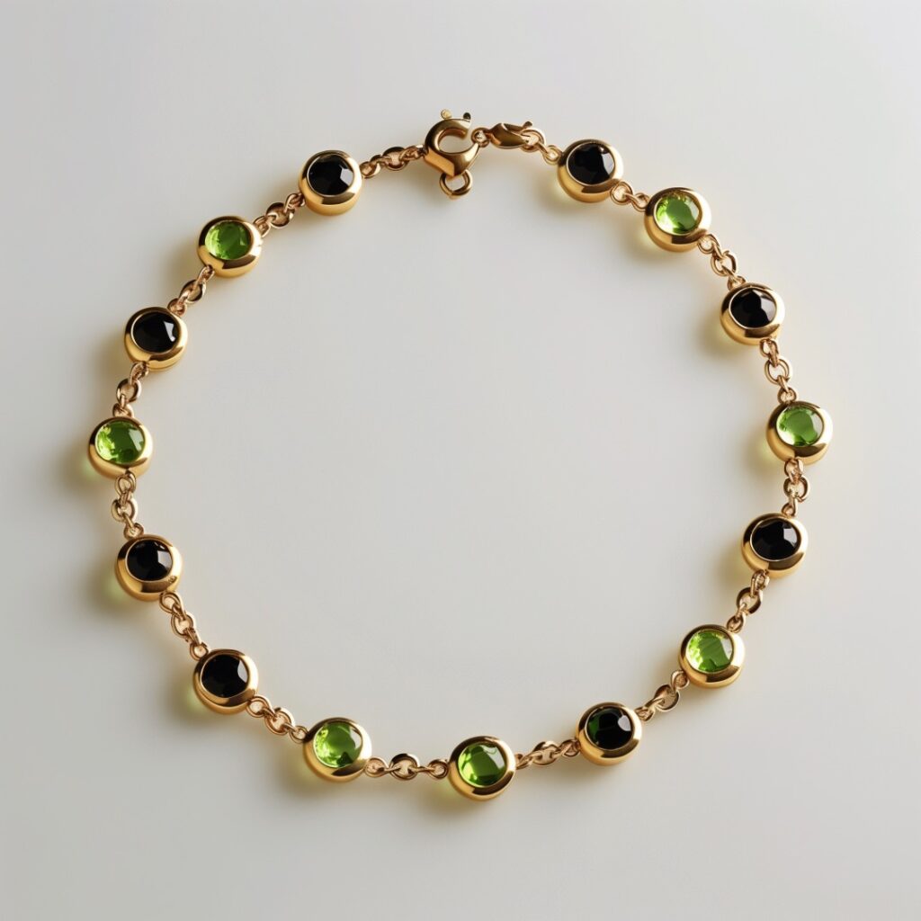 Gold chain bracelet set with alternating peridot and black onyx stones.