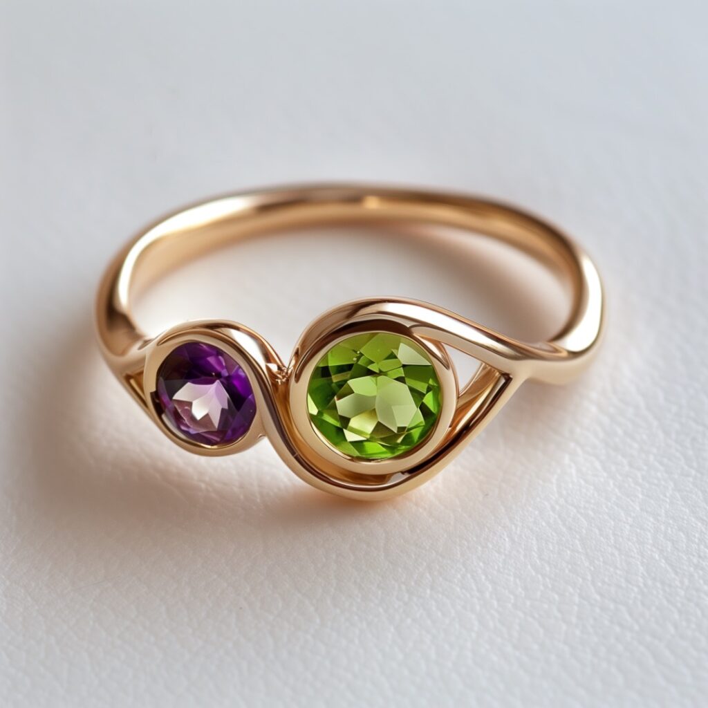 Amethyst and peridot cocktail ring set in yellow gold.