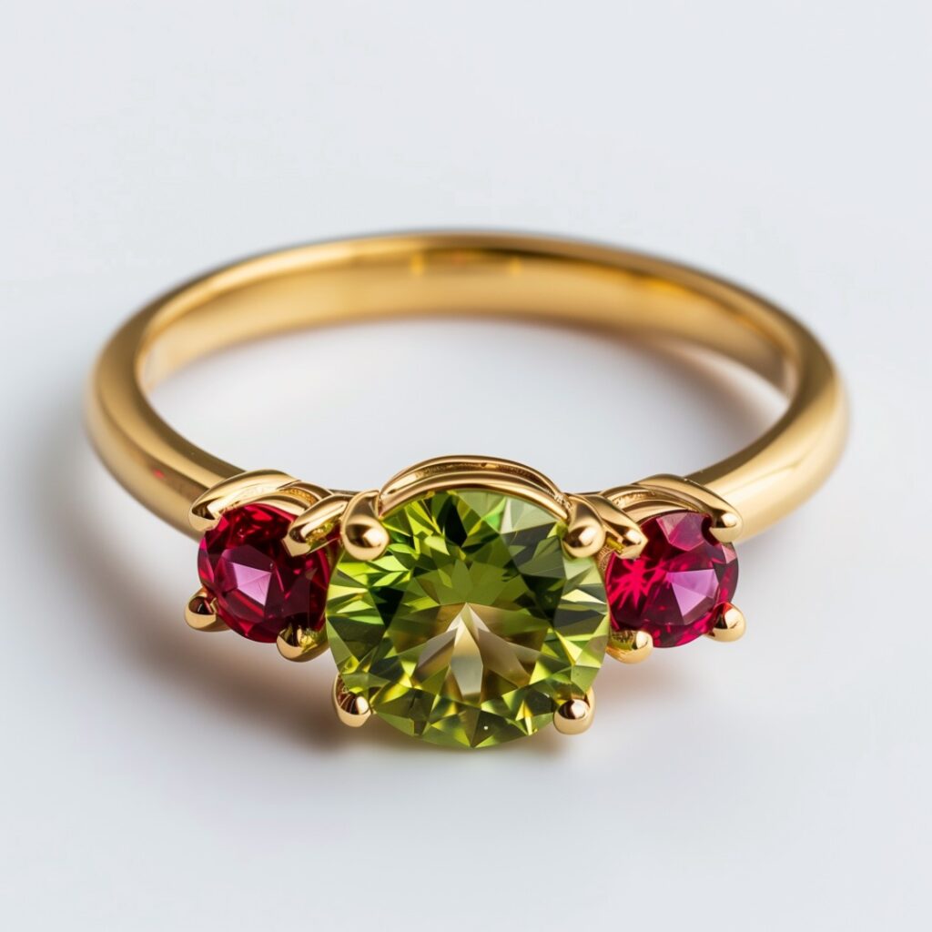 Gold ring set with large round peridot between two smaller round rubies.