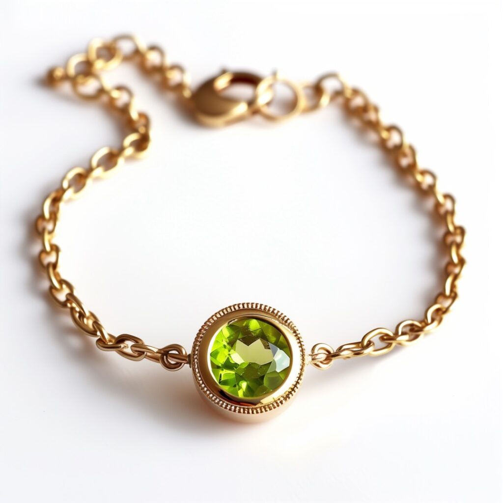 Round peridot solitaire on gold chain bracelet.