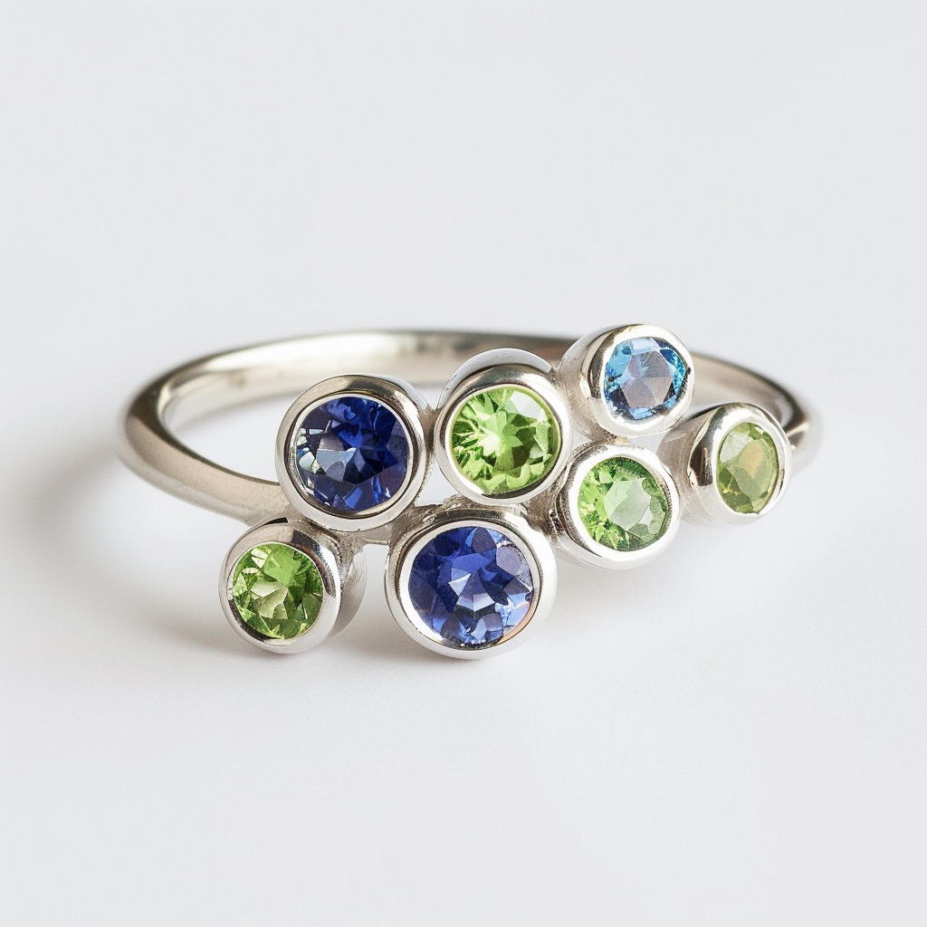 White gold ring set with seven peridots and sapphires.