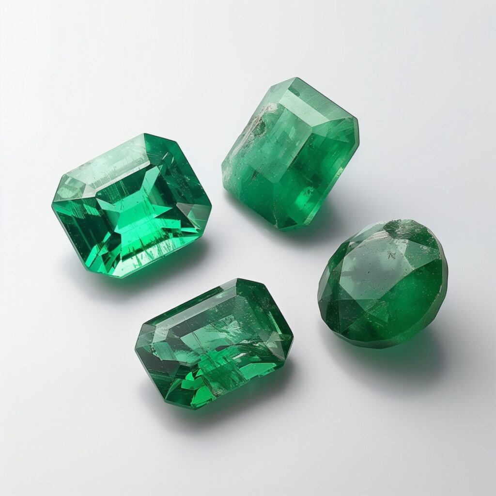 Emeralds cut and polished and rough cut.