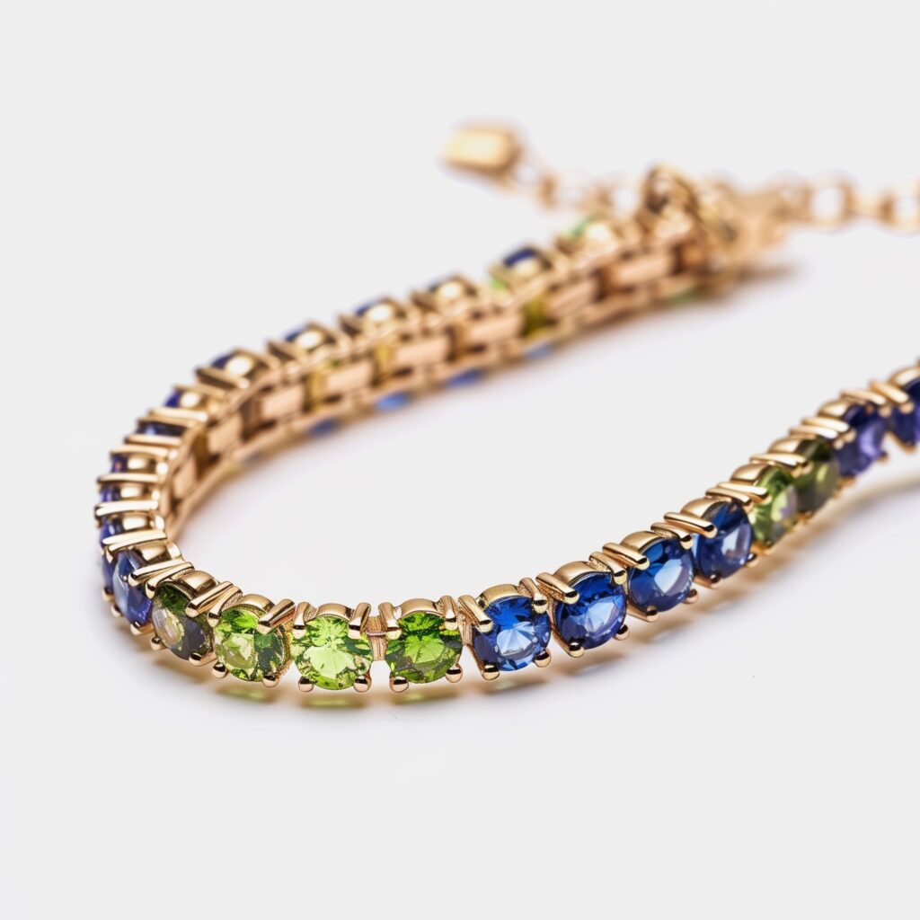 Peridot and sapphire tennis bracelet set in yellow gold.