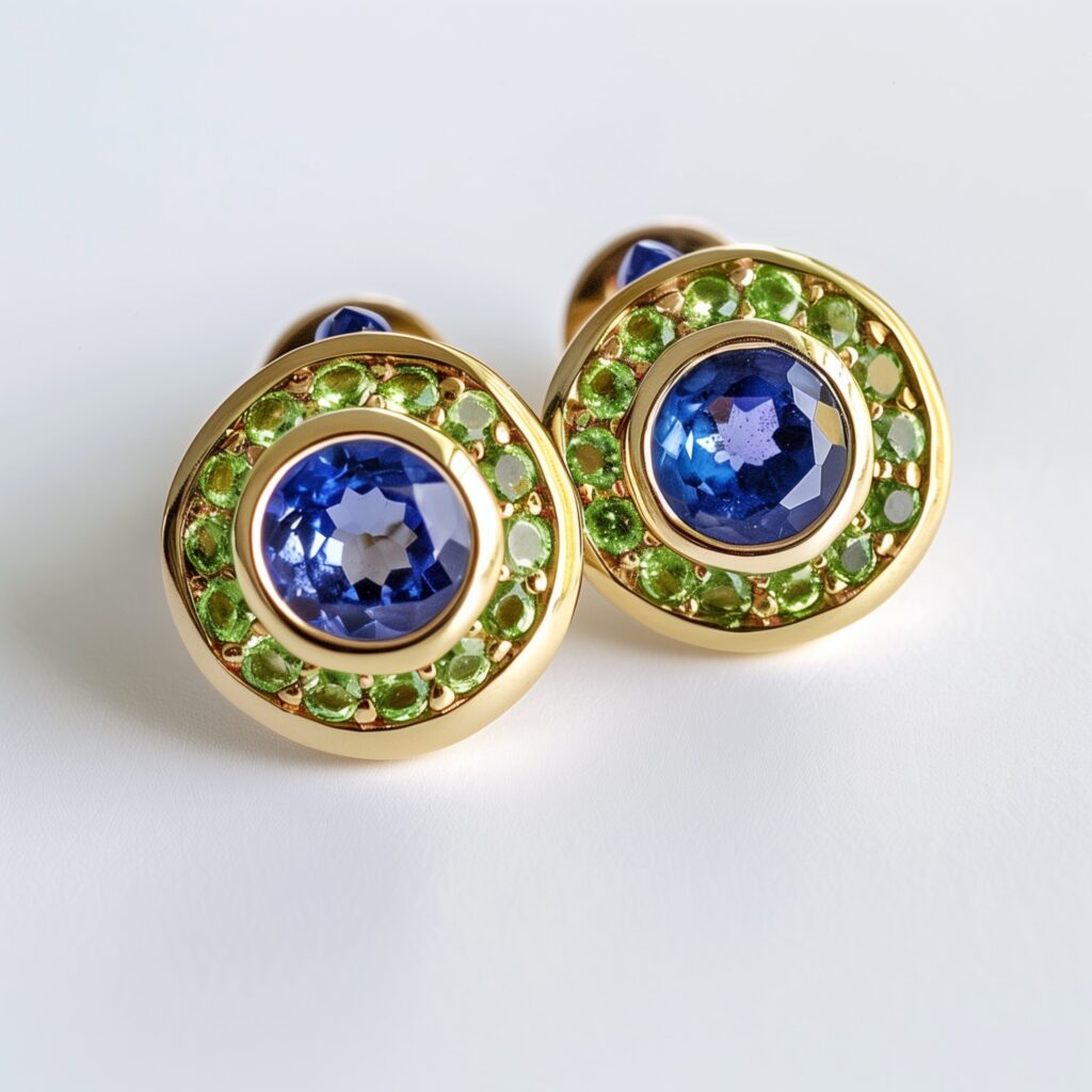 Round sapphire stud earrings encircled by round peridots set in yellow gold.